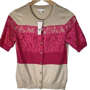 New York & Company Lace Pink Tan Short Sleeve Button Up Cardigan Size Small New